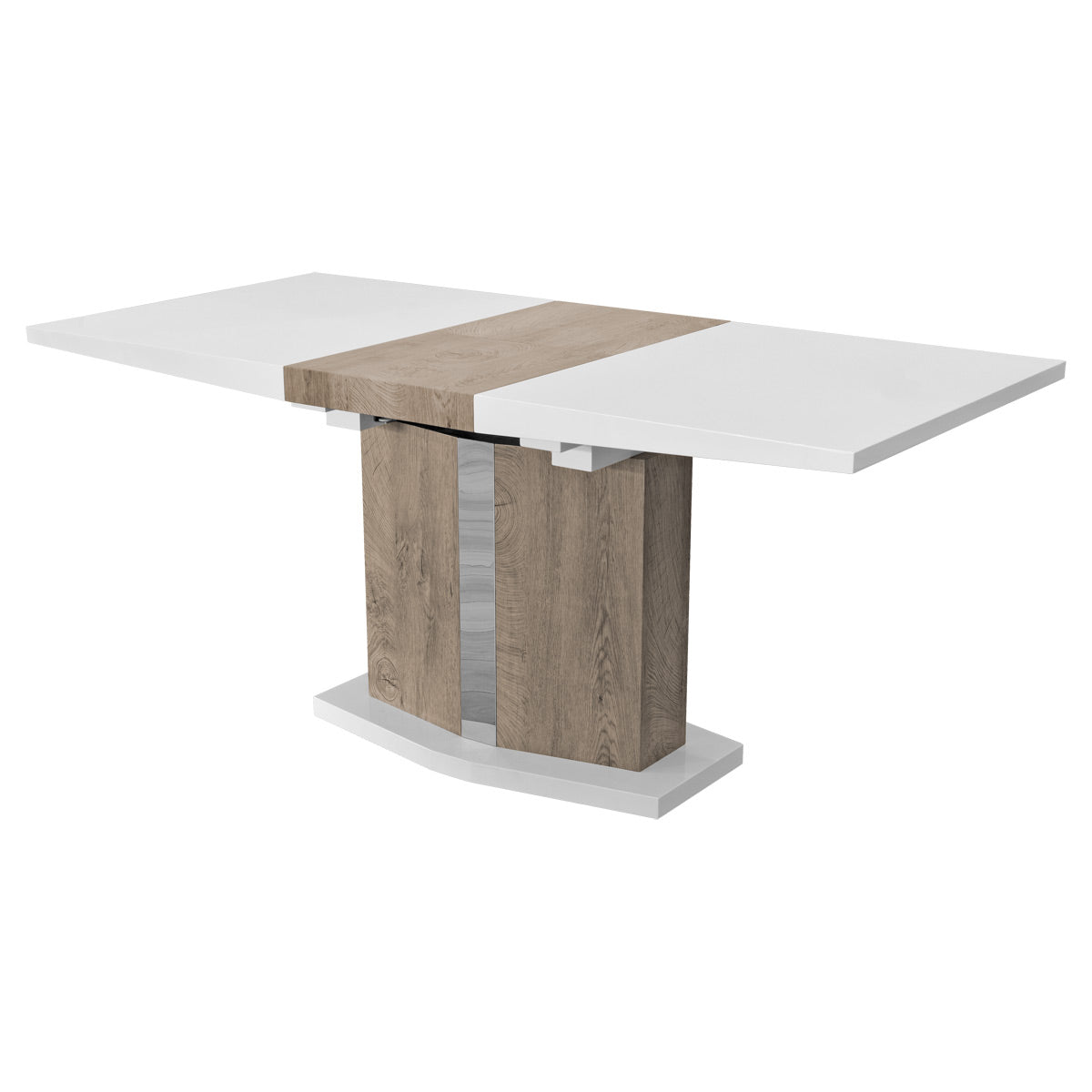 White High Gloss Extending Dining table with Wood colour base 130 - 170 cm