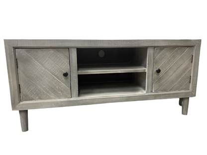 Weathered Grey parquet washed wood 2 door TV stand for TV up to 60" TV