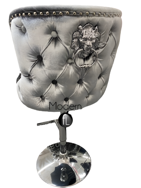 Silver Grey velvet swivel bar stool with chrome Lion knocker and cross stitch