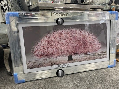 Stunning pink blossom tree 3D glitter art picture in a mirrored frame