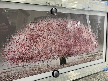 Stunning pink blossom tree 3D glitter art picture in a mirrored frame