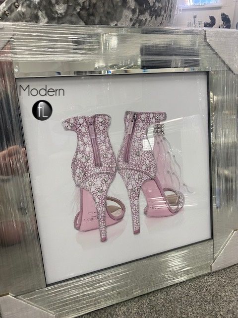 Pink designer shoe picture, pink high heel stiletto mirror frame glitter detail