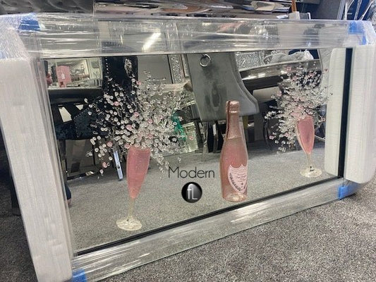 Stunning pink champagne 3D glitter art with champagne flutes in mirrored frame