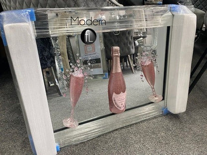 Stunning pink champagne 3D glitter art, champagne flutes in mirrored frame