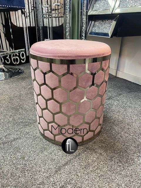 Pink velvet geometric dressing table stool, pink stool with silver metal pattern