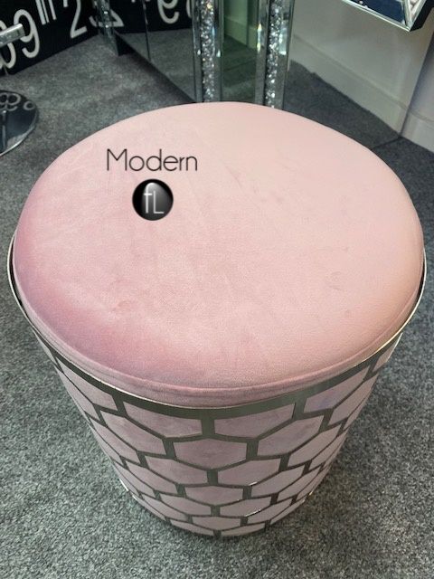 Pink velvet geometric dressing table stool, pink stool with silver metal pattern