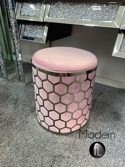 Pink velvet geometric dressing table stool, pink stool with silver metal pattern