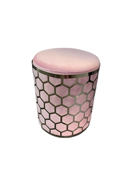 Pink velvet geometric dressing table stool, pink stool with silver metal pattern