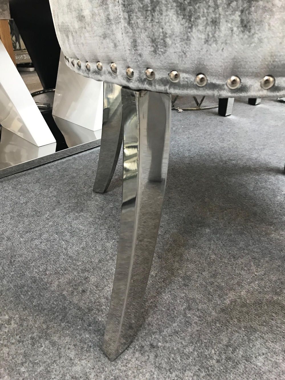 2 x Silver / grey velvet dining chair with chrome leg and knocker detail