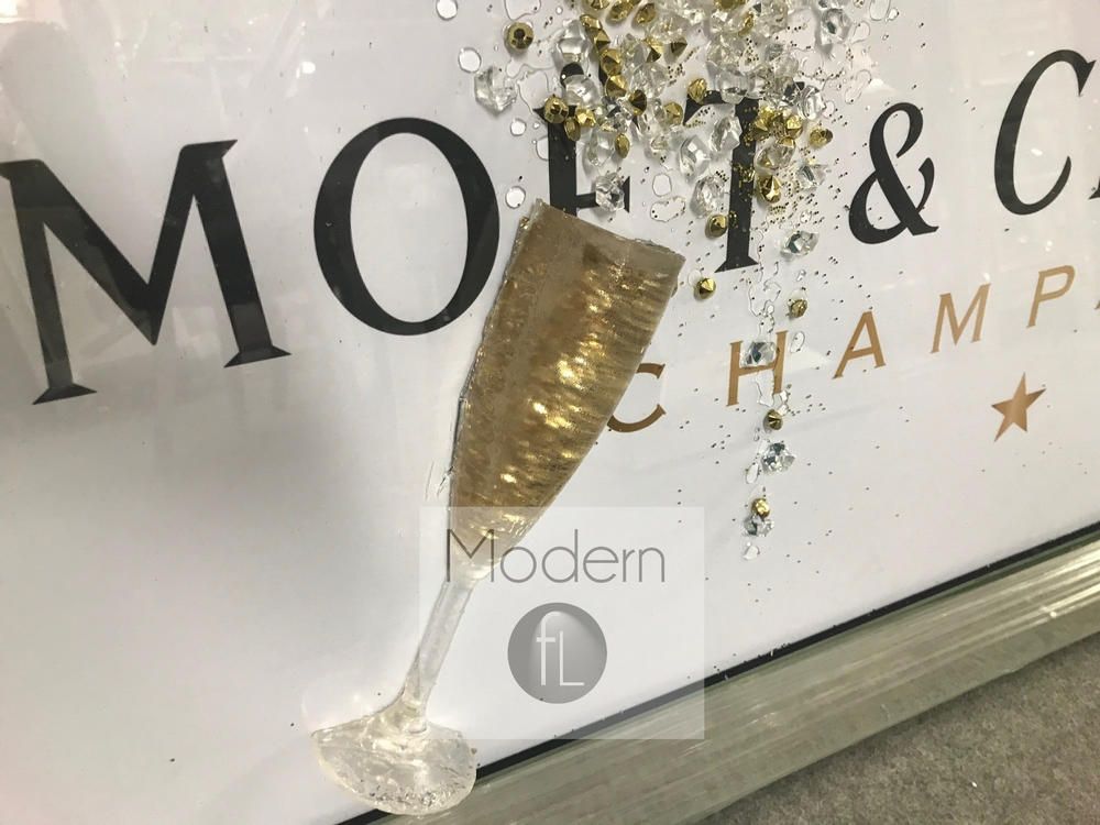 White Moet & Chandon Champagne Picture with 3D Flutes and Sparkle Detail