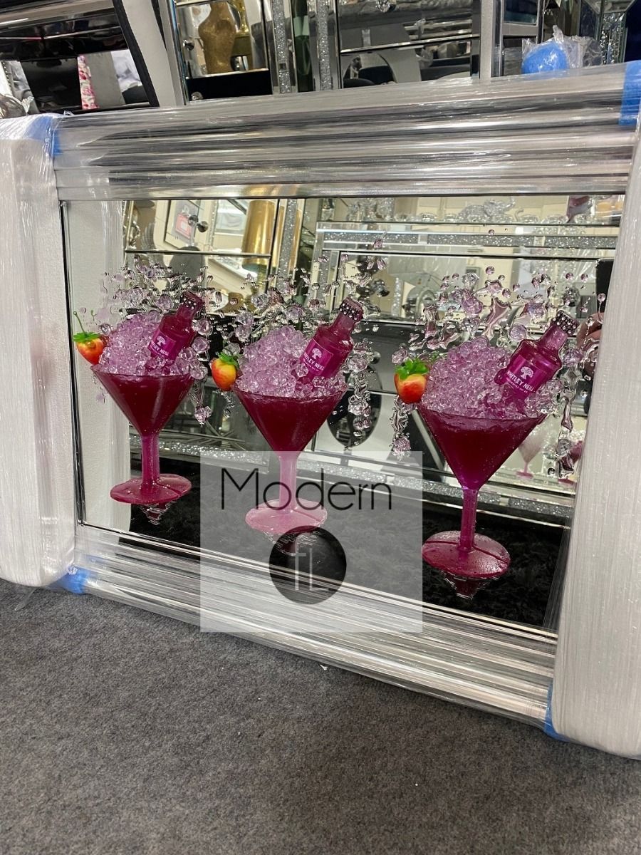 Pink Gin and Strawberry Cocktail glass 3D glitter art mirrored picture