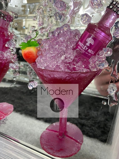 Pink Gin and Strawberry Cocktail glass 3D glitter art mirrored picture