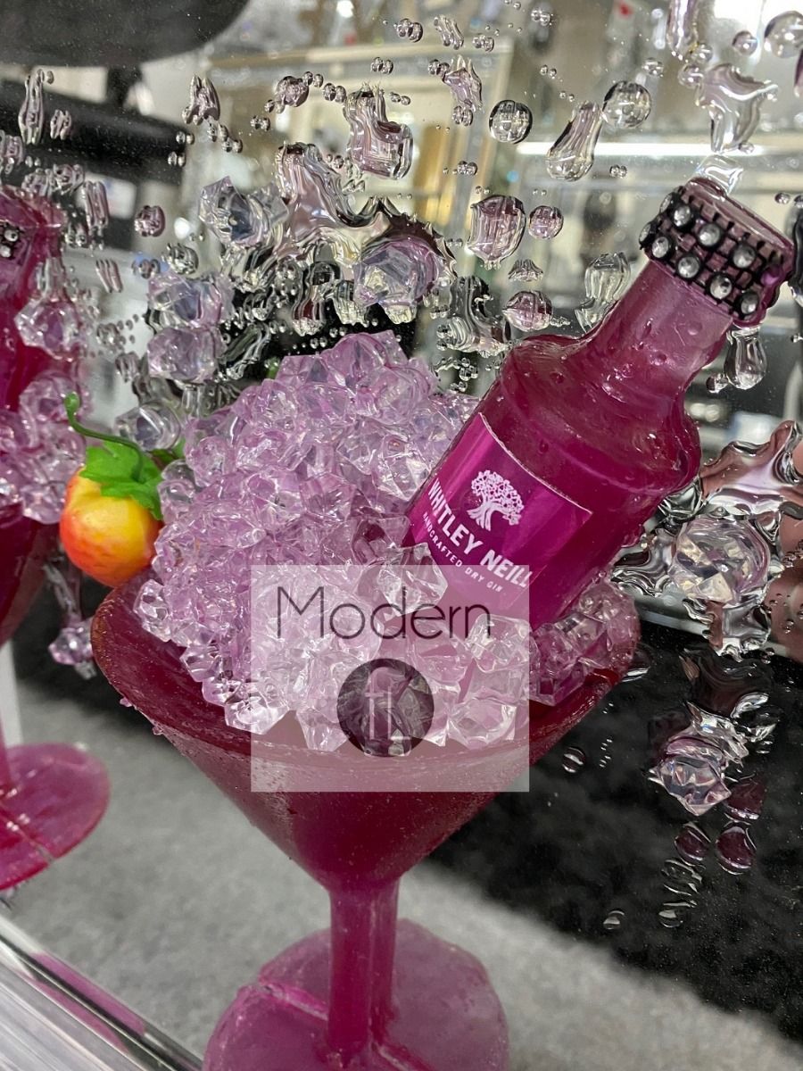 Pink Gin and Strawberry Cocktail glass 3D glitter art mirrored picture