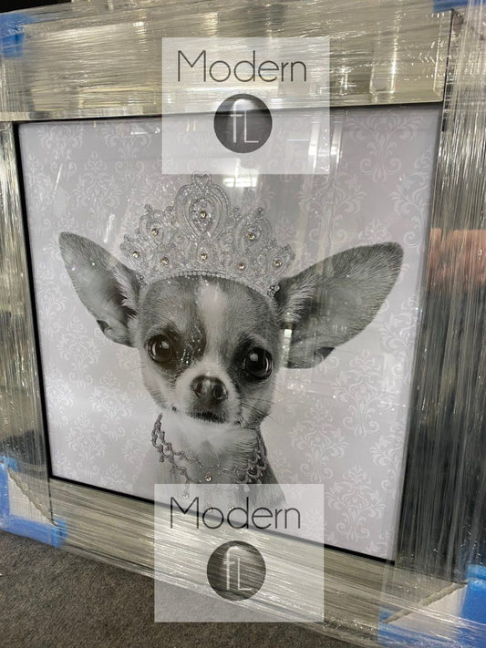 Silver grey chihuahua with crown and necklace glitter detail in mirrored frame