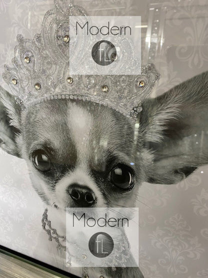 Silver grey chihuahua with crown and necklace glitter detail in mirrored frame