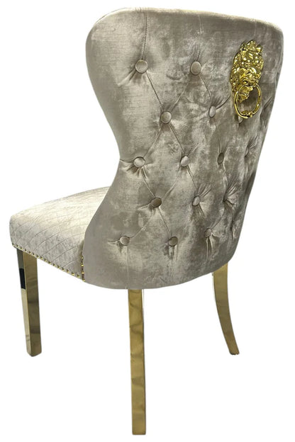 2 Mink Velvet Dining Chairs with Gold Leg & Lion Knocker