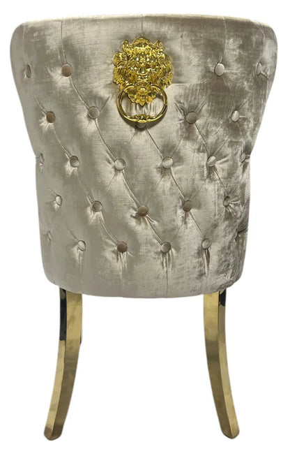 2 Mink Velvet Dining Chairs with Gold Leg & Lion Knocker