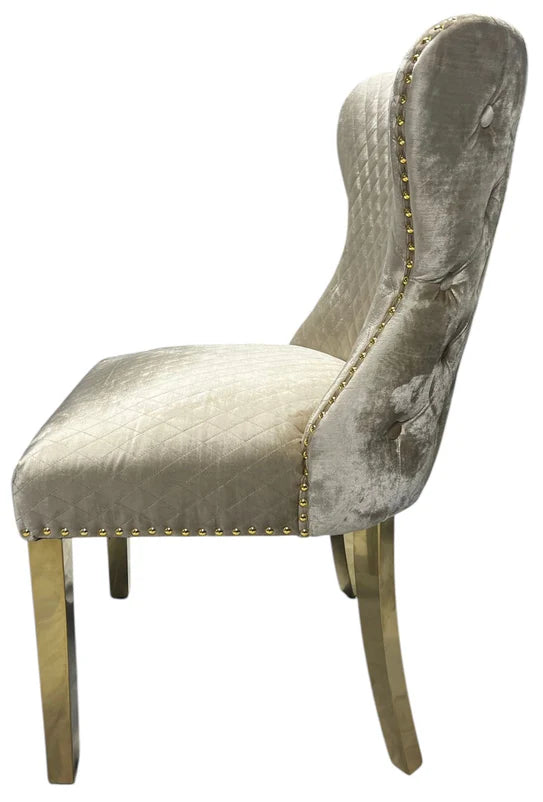 2 Mink Velvet Dining Chairs with Gold Leg & Lion Knocker