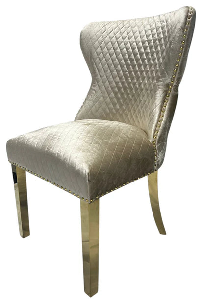 2 Mink Velvet Dining Chairs with Gold Leg & Lion Knocker