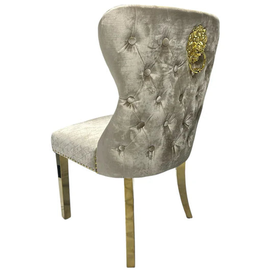 2 Mink Velvet Dining Chairs with Gold Leg & Lion Knocker