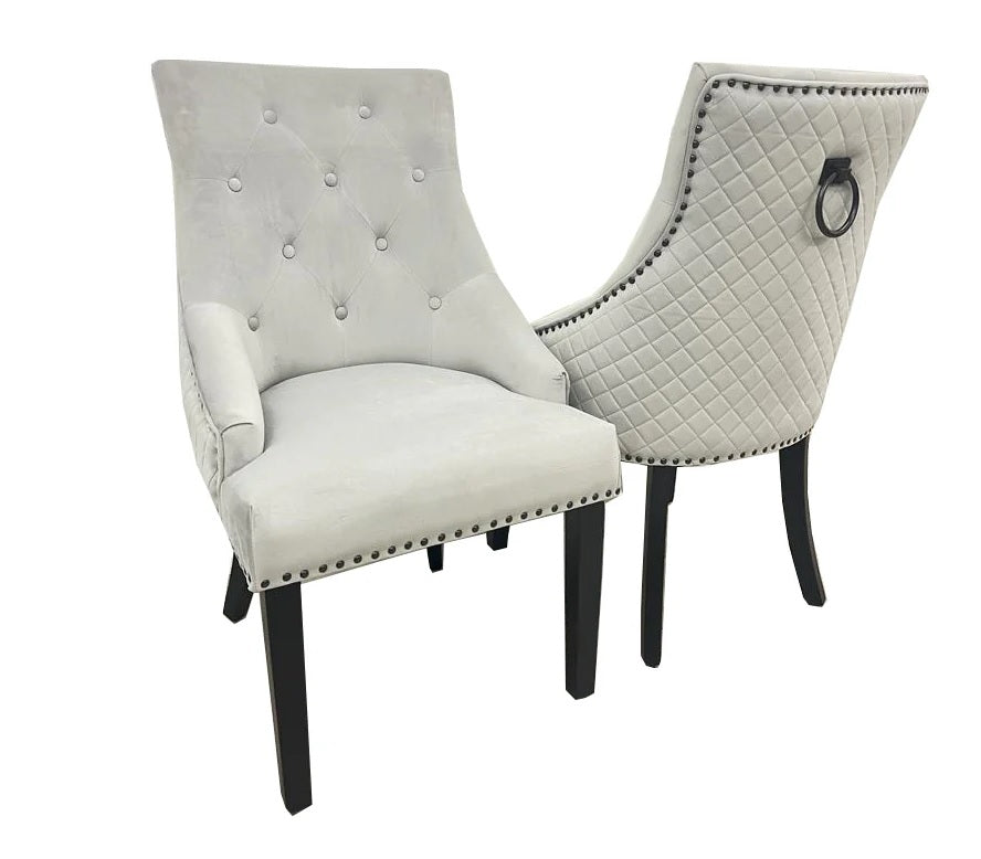 2 Light Grey Dining Chairs Black stud button & Black Legs