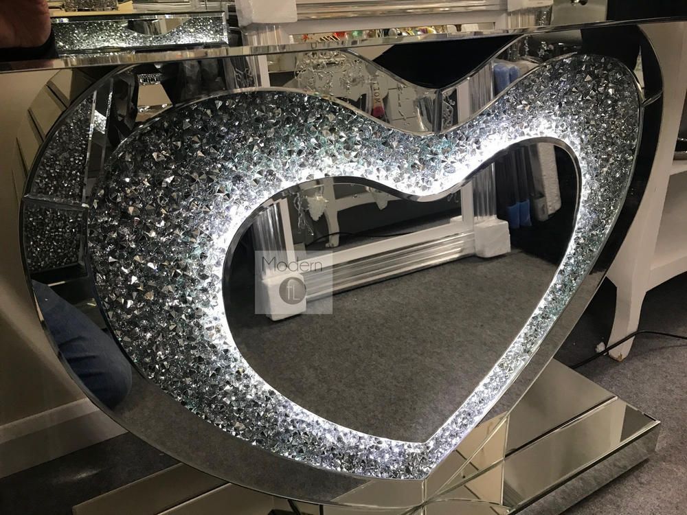 Mirrored crushed crystal LED love heart console table