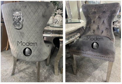 2 x Luxury Grey Velvet Dining Chairs with Chrome Lion Head Door Knocker and Legs