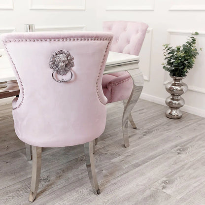 2x Pink blush French Velvet Dining Chairs with Chrome Lion Knocker