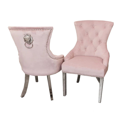 2x Pink blush French Velvet Dining Chairs with Chrome Lion Knocker