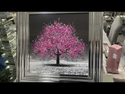 Small pink blossom tree picture in chrome wood frame, pink glitter art picture