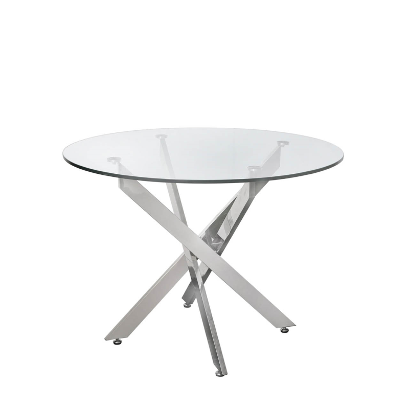 Round Glass Dining Table Chrome Base 100cm Wide Chrome Cross Leg