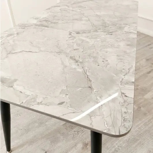 Marble design Sintered stone dining table with black pin legs, 1.4m dining table