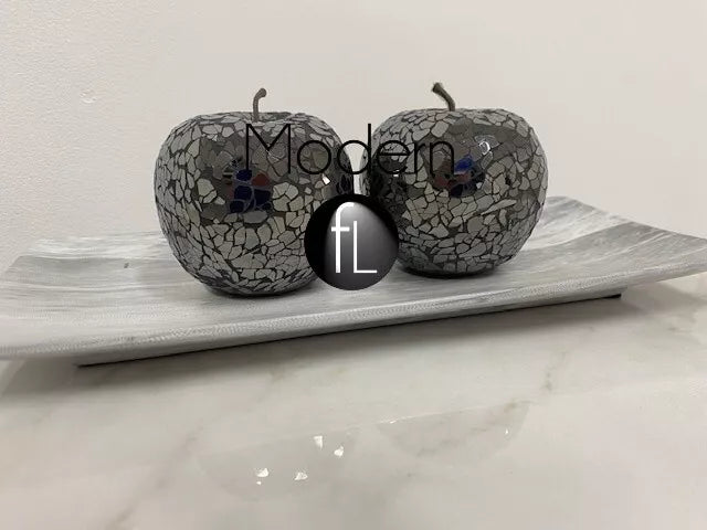 2x Black mosaic glass apple, black mirror decorative fruit display