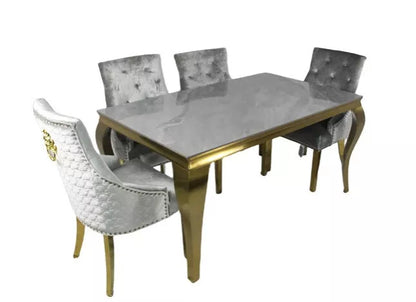 Gold Dining Table Grey Ceramic Stone Top 4 Silver Grey Lion Chairs Gold Legs