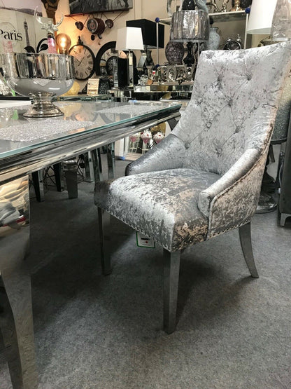 2x Silver Crushed velvet dining chair with chrome leg and knocker Back ring pull