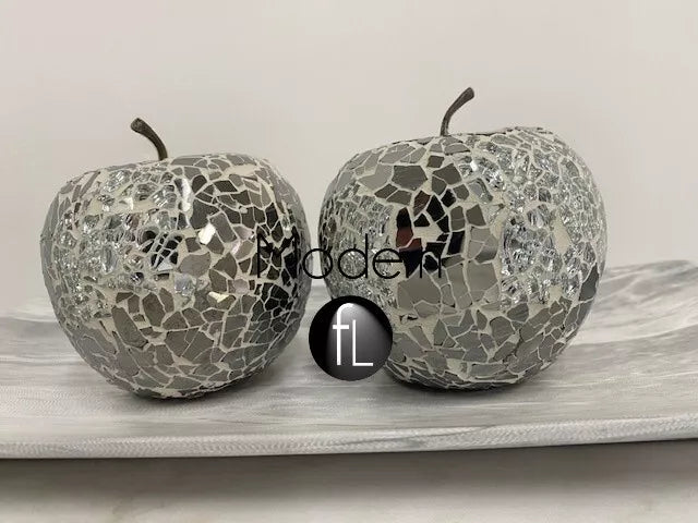 2x Mosaic glass apple silver mirror decorative fruit display