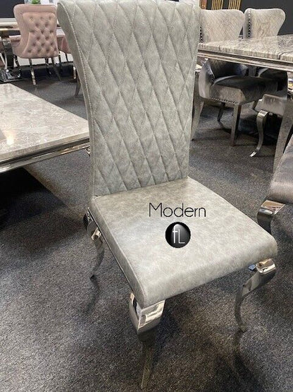 x2 Light grey Louis dining chair with chrome curved leg & cross stitch