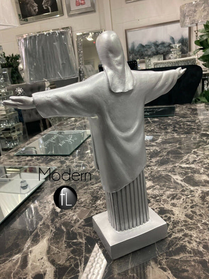 Standing silver cool redeemer statue ornament, silver resin Jesus Christ statue