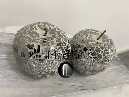 2x Mosaic glass apple silver mirror decorative fruit display