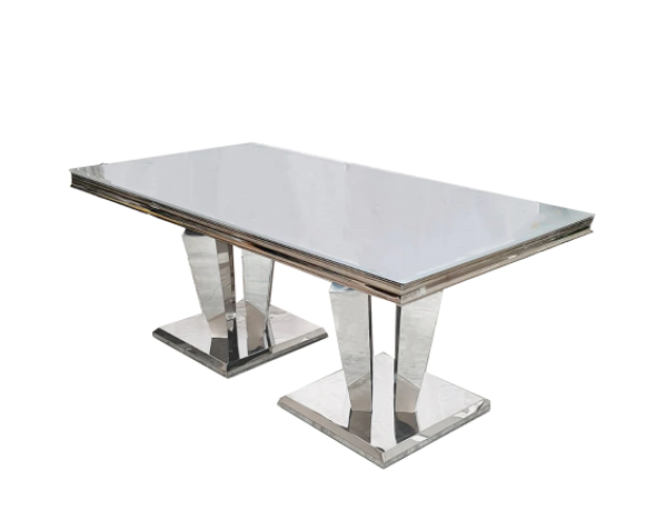 Athena grey glass 1.8 dining table with Twin Pillar Chrome Base, 180 cm long