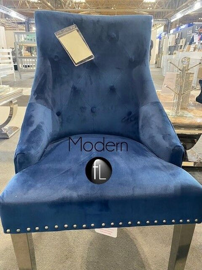 Blue velvet x2 dining chairs with chrome legs & lion knocker