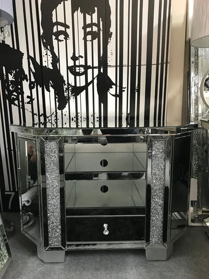 Mirror glass corner TV cabinet with crushed crystal sparkle, Tall corner TV unit