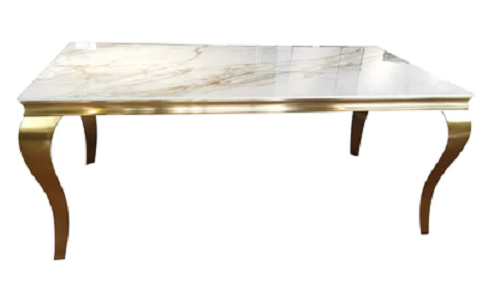 White Ceramic dining table with gold vein, Gold metal frame & legs