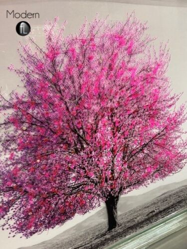 Bright Pink Blossom Tree 3D Glitter Picture in mirrored frame, 86x86 cm