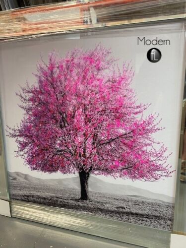 Bright Pink Blossom Tree 3D Glitter Picture in mirrored frame, 86x86 cm