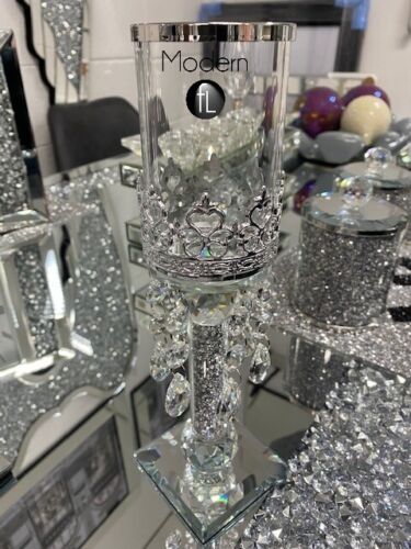 Crushed diamond candle holder with crystal droplets, glitz candle holder