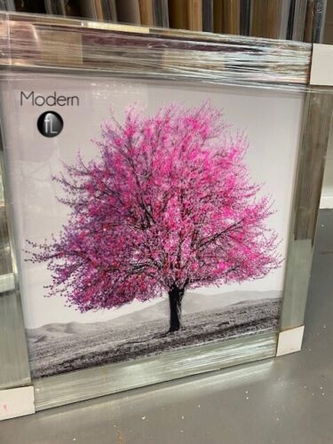 Bright Pink Blossom Tree 3D Glitter Picture in mirrored frame, 86x86 cm