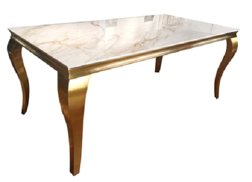 White Ceramic dining table with gold vein, Gold metal frame & legs