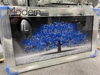 Blue blossom tree 3D glitter art picture in mirrored frame