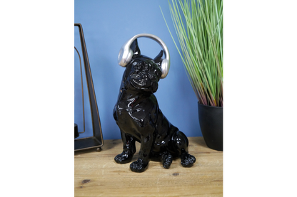 Art Deco black bull dog with Headphones ornament, 30 cm high dog ornament